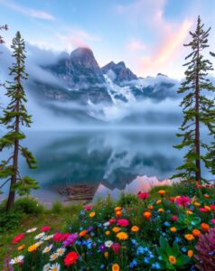 Serenity of a Misty Mountain Lake – free AI stock image