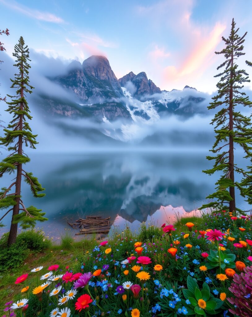 Serenity of a Misty Mountain Lake – free AI stock image