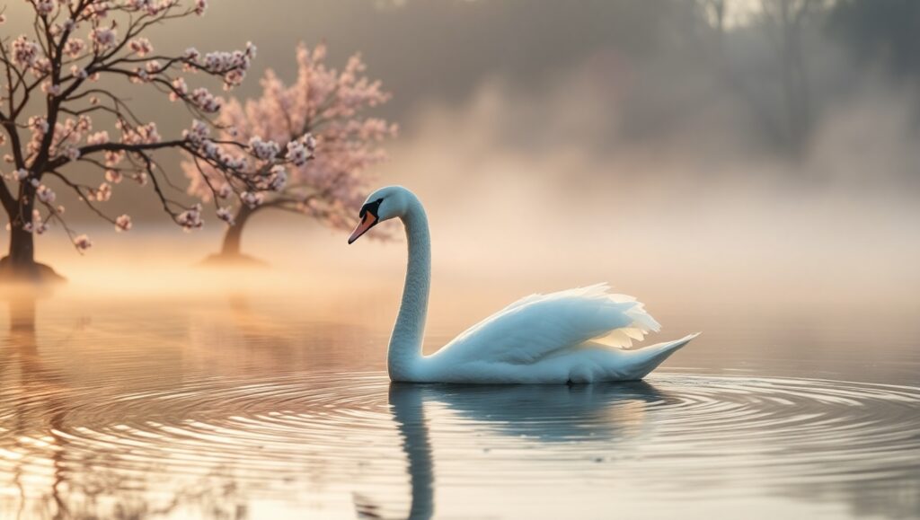 Serenity of Dawn: A Swan’s Journey – free AI stock image