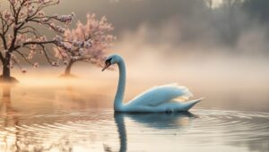 Serenity of Dawn: A Swan’s Journey – free AI stock image