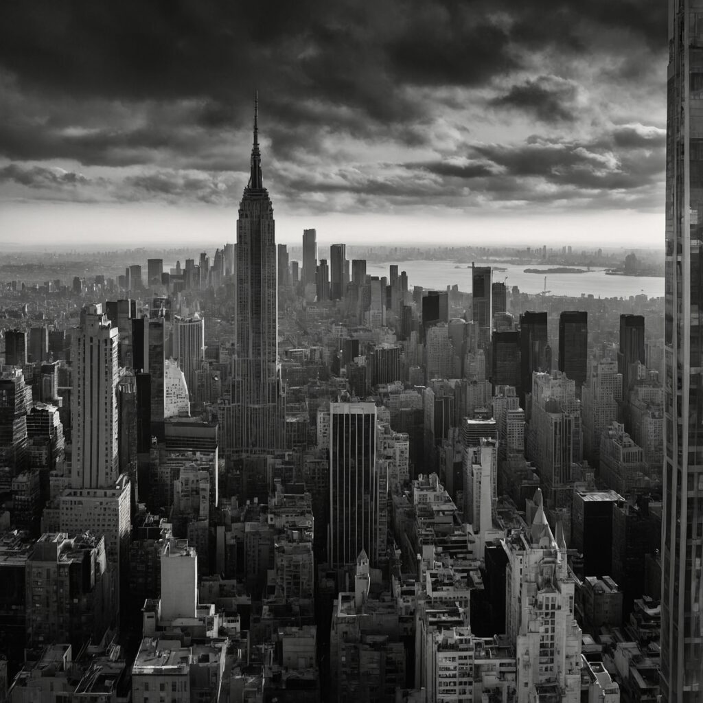 Shadows and Light in a Monochrome Cityscape – free AI stock image