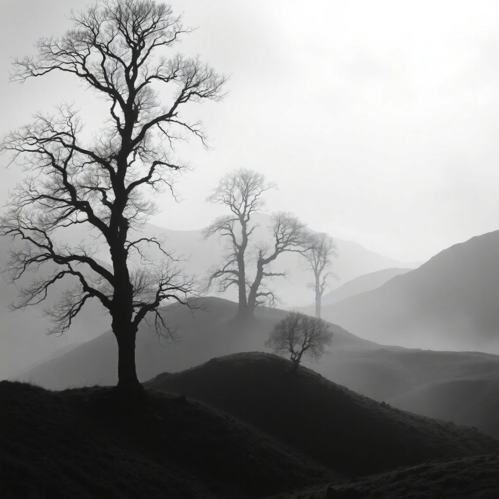 Shadows and Light in Monochrome Landscape – free AI stock image