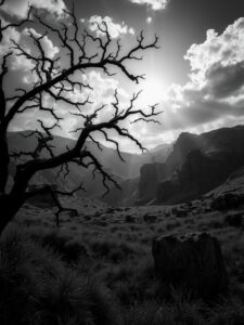 Shadows and Light in Monochrome Landscape – free AI stock image