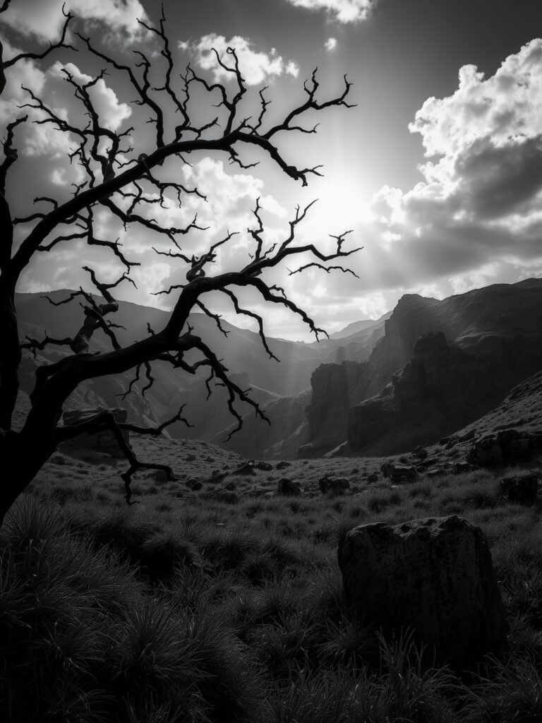 Shadows and Light in Monochrome Landscape – free AI stock image