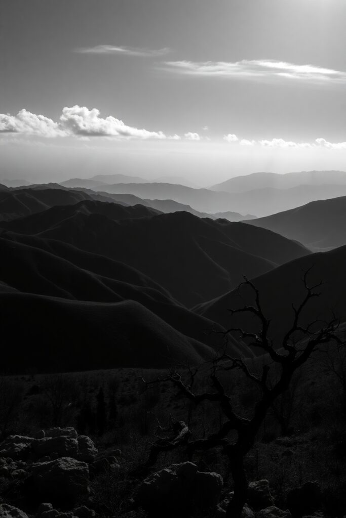 Shadows and Light in Monochrome Landscape – free AI stock image