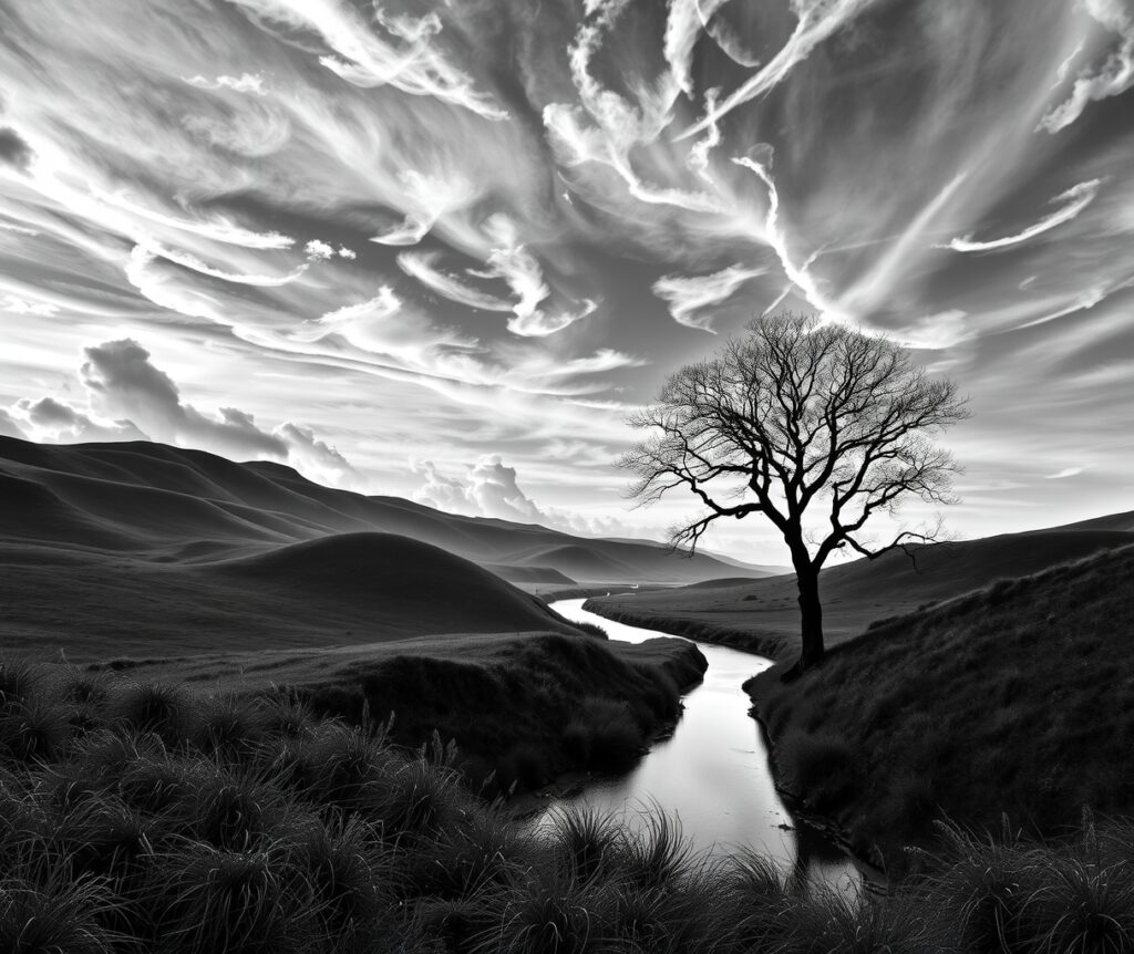 Shadows and Light in Monochrome Landscape – free AI stock image