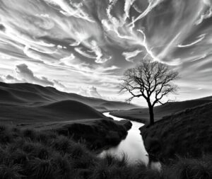 Shadows and Light in Monochrome Landscape – free AI stock image