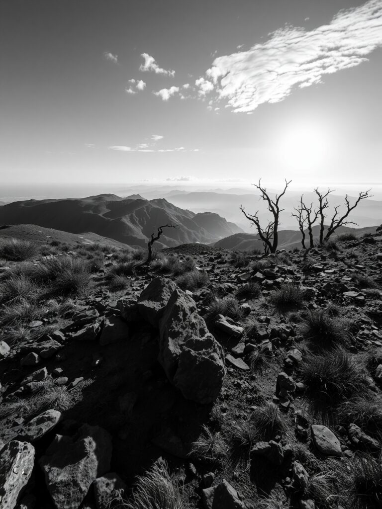Shadows and Light in Monochrome Landscape – free AI stock image