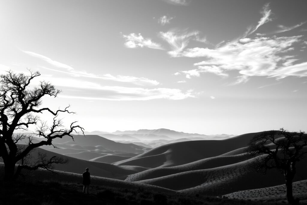 Shadows and Light in Monochrome Landscape – free AI stock image