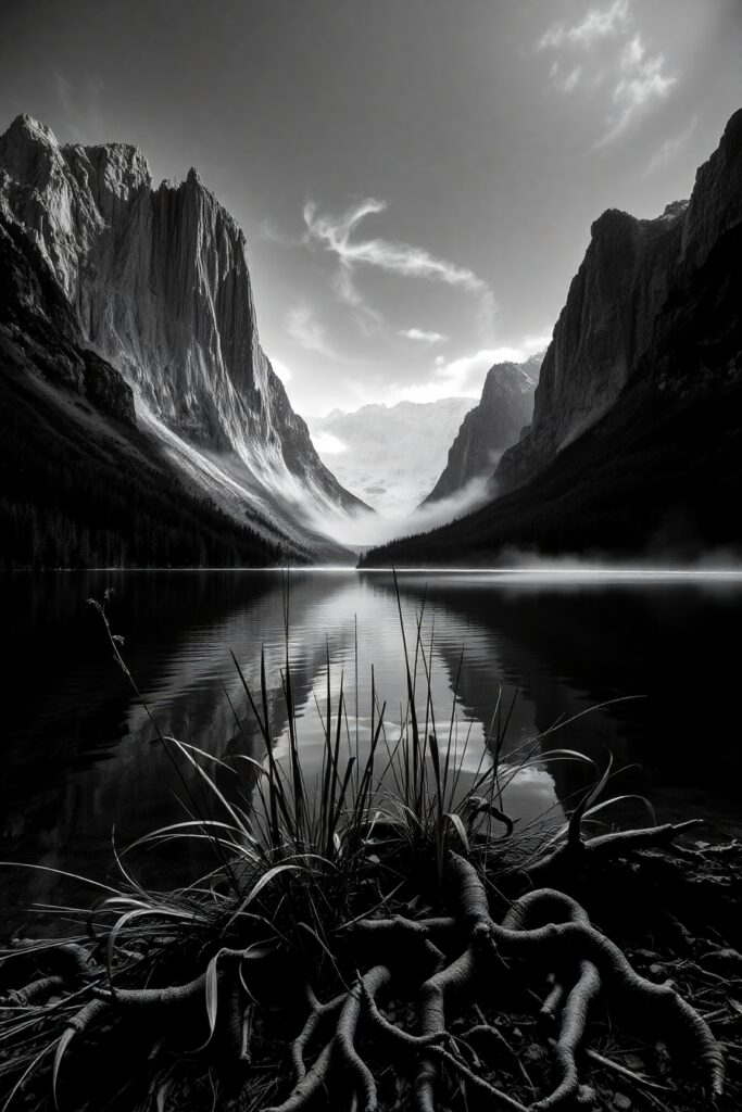 Shadows and Light in Monochrome Landscapes – free AI stock image