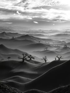 Shadows and Silhouettes in Monochrome Landscapes – free AI stock image