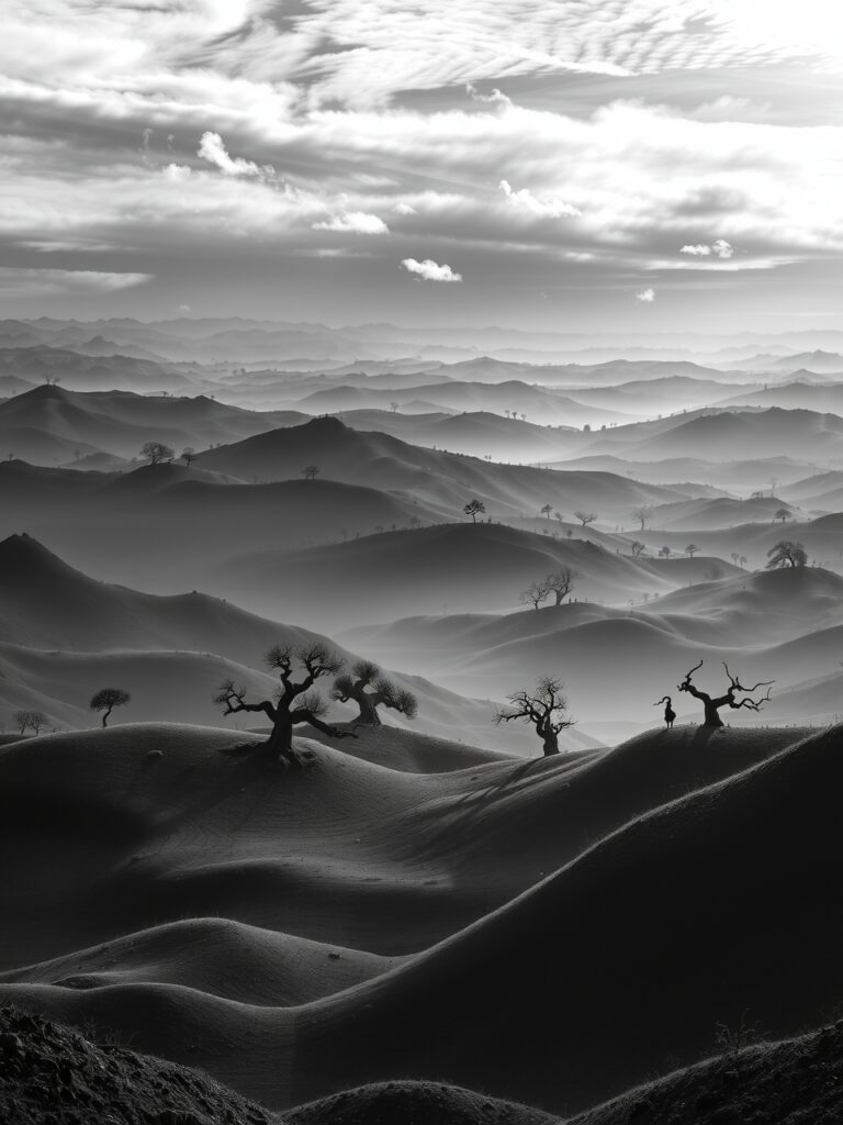 Shadows and Silhouettes in Monochrome Landscapes – free AI stock image