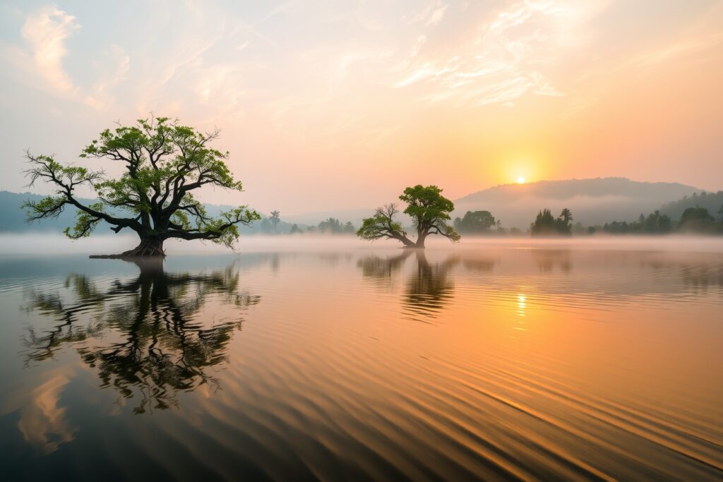 Silent Lake at Dawn with Soft Reflections – free AI stock image