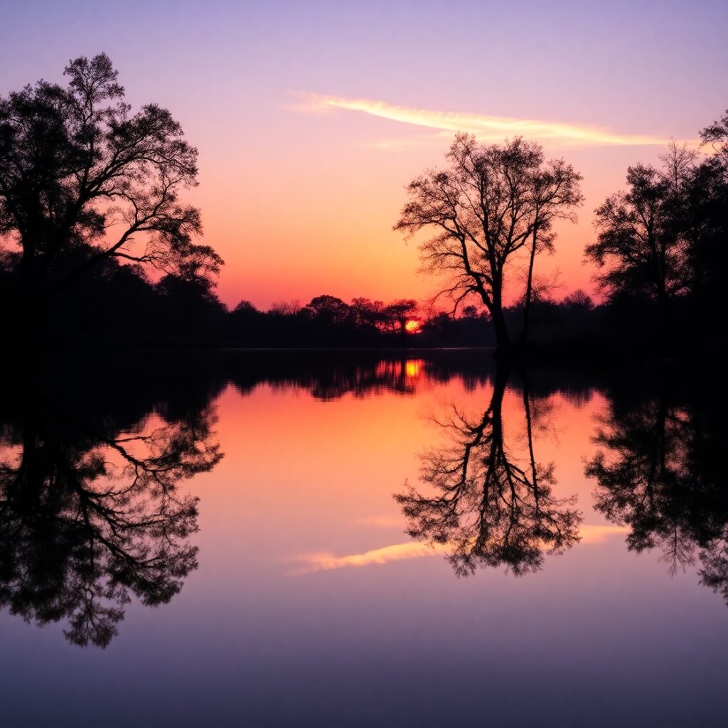 Silent Lake at Dusk with Reflective Waters – free AI stock image