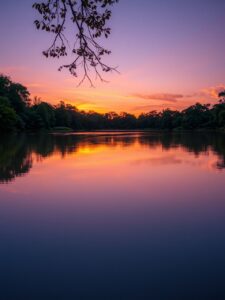 Silent Lake at Sunset, Reflective Serenity – free AI stock image