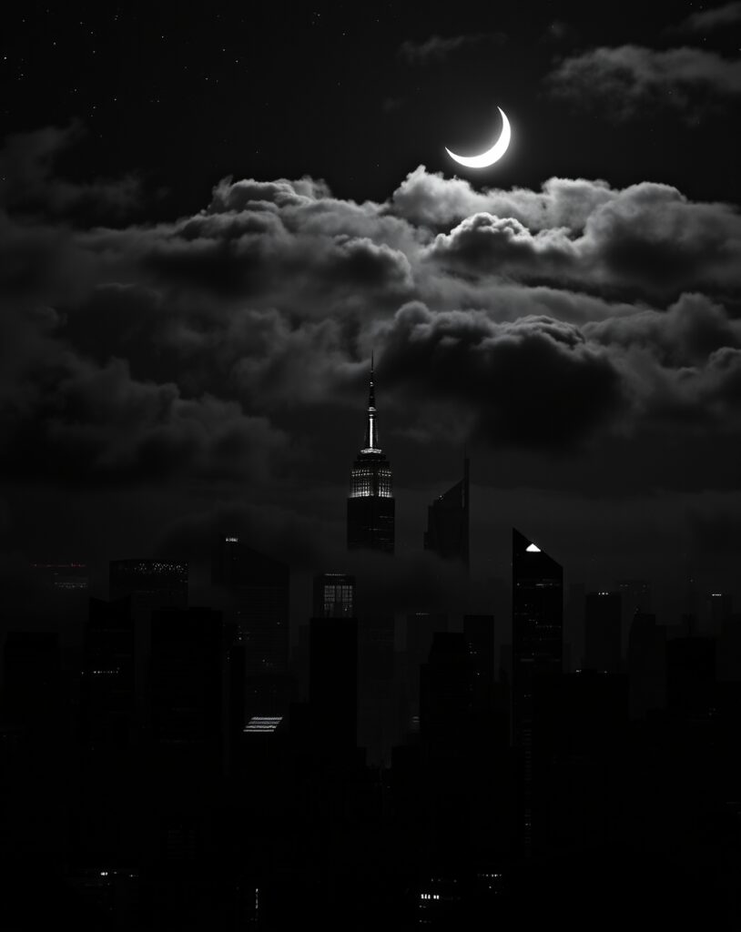 Silhouetted Cityscape Under a Pale Moon – free AI stock image