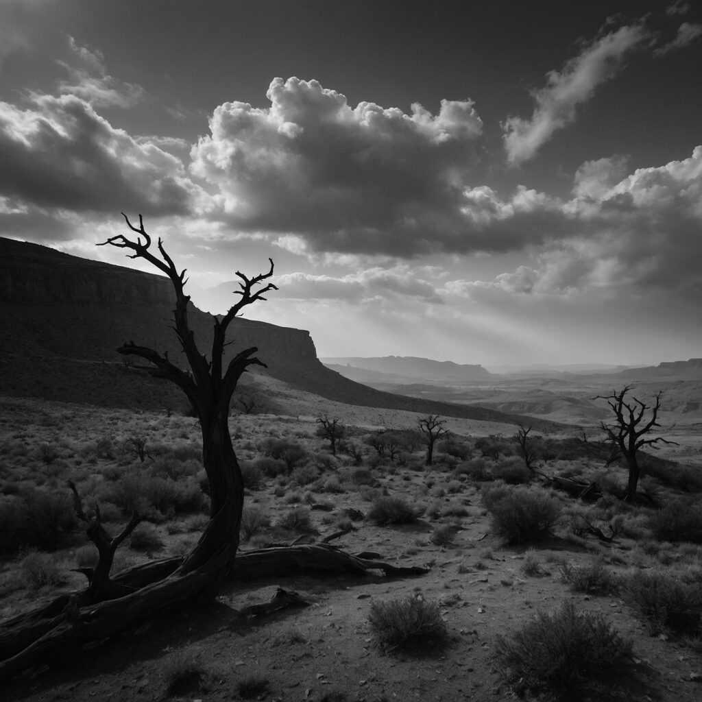 Silhouetted Figures Against a Monochrome Landscape – free AI stock image