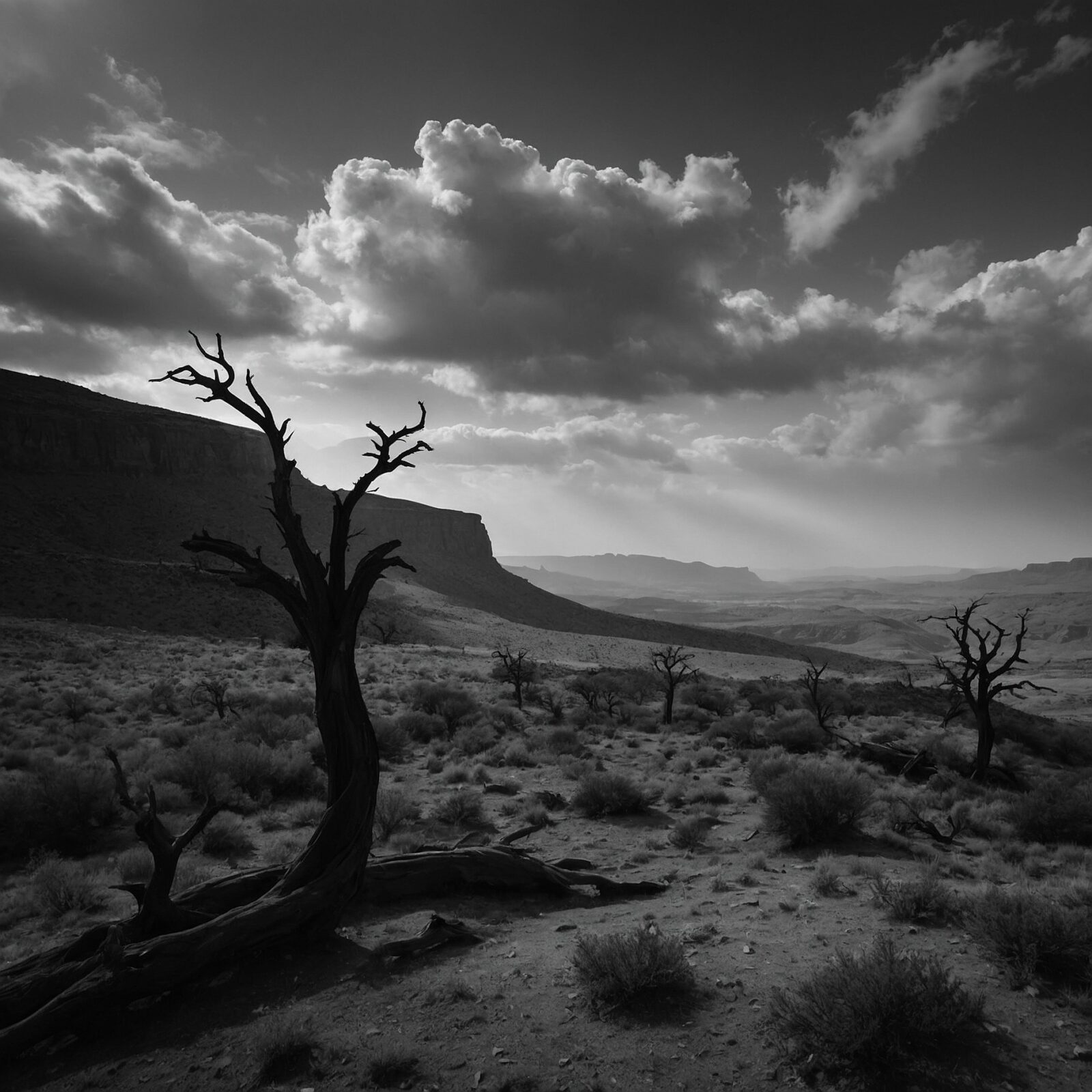 silhouetted figures against monochrome landscape
