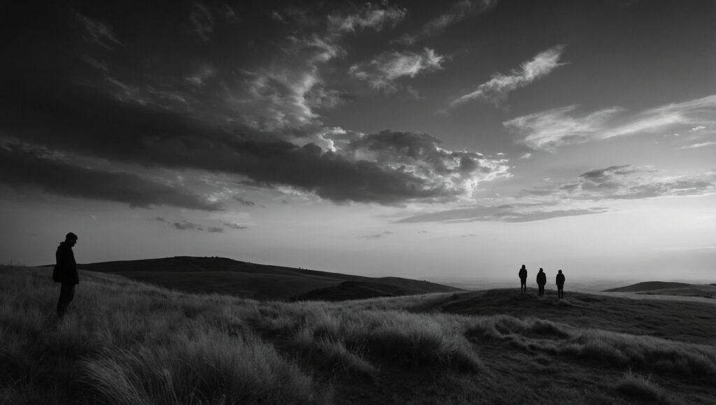 Silhouetted Figures Against a Monochrome Sunset – free AI stock image
