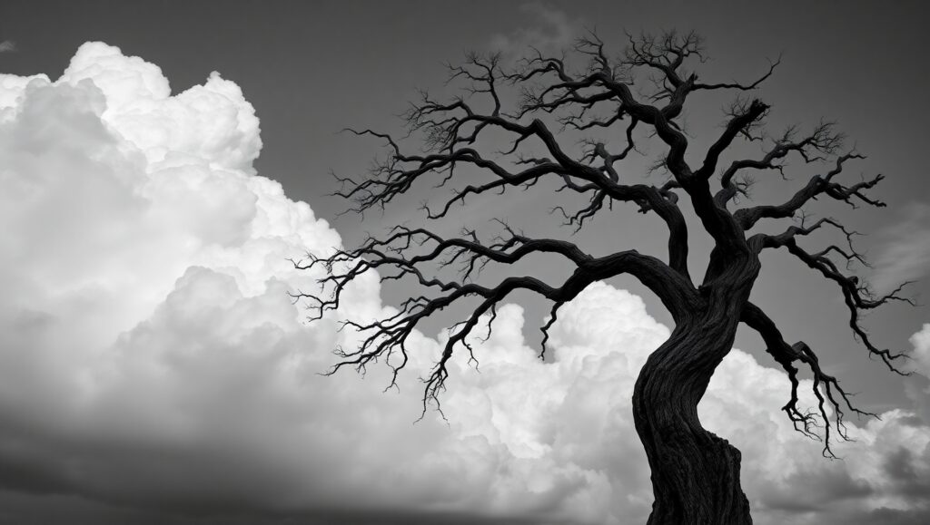 Silhouetted Tree Against Clouds – free AI stock image