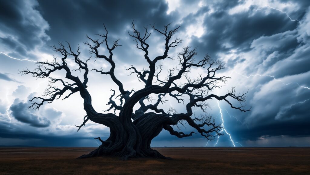Silhouetted Tree in Stormy – free AI stock image