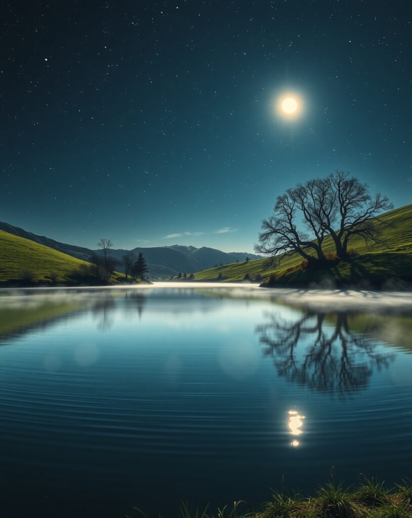 Silvery Lake Reflecting a Starry Night – free AI stock image