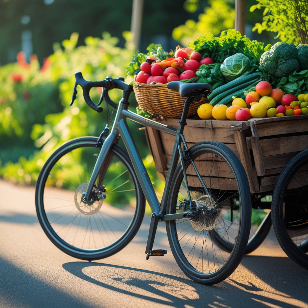 Sleek Bicycle Surrounded by Fresh Produce – free AI stock image