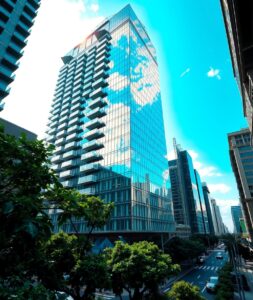 Sleek Modern Skyscraper Against Blue Sky – free AI stock image