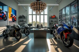 Sleek Motorcycles in an Urban Office Space – free AI stock image