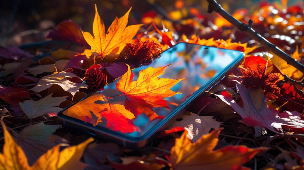 Smartphones Surrounded by Autumn Leaves – free AI stock image