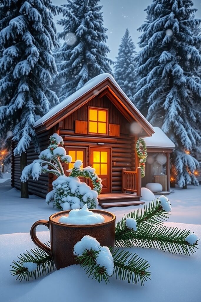 Snowy Winter Holidays with Cozy Cabin Scene – free AI stock image