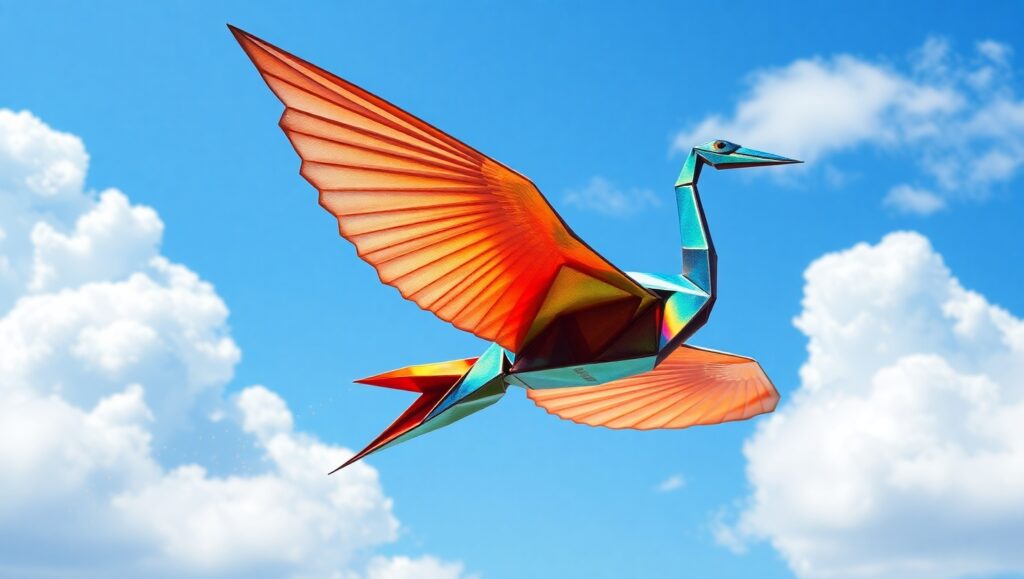 Soaring Crane in Colorful Origami Style – free AI stock image