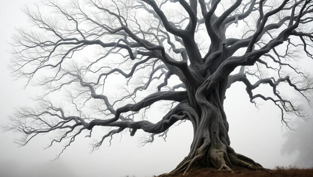 Solitary Tree in Misty Monochrome – free AI stock image