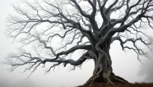 Solitary Tree in Misty Monochrome – free AI stock image