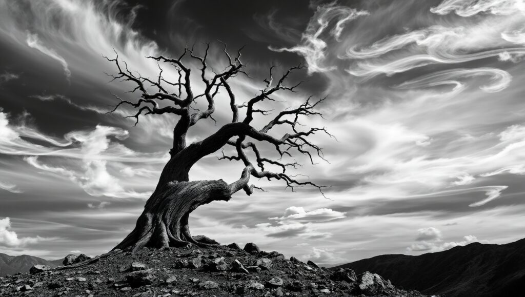 Solitary Tree in Monochrome – free AI stock image