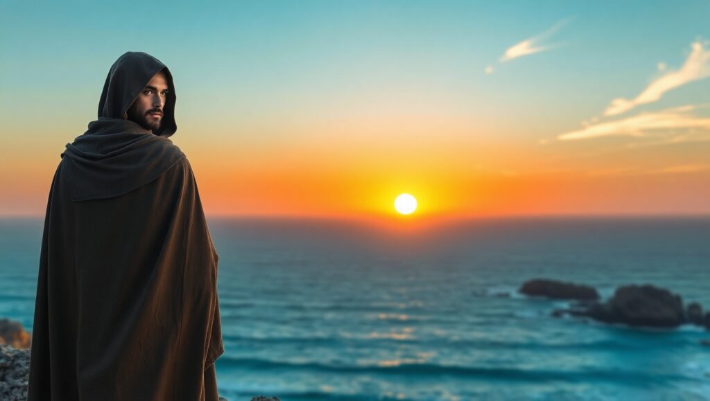 Solitude at Sunset Over the Ocean – free AI stock image