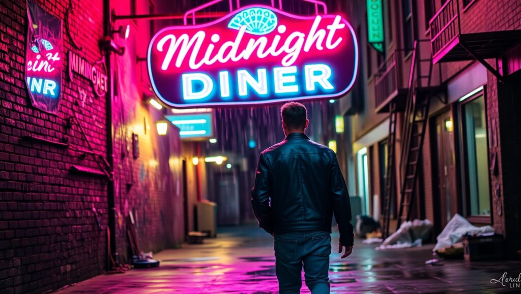 Solitude Beneath Neon Lights – free AI stock image