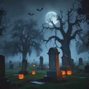 Spooky Graveyard under Full Moon – free AI stock image