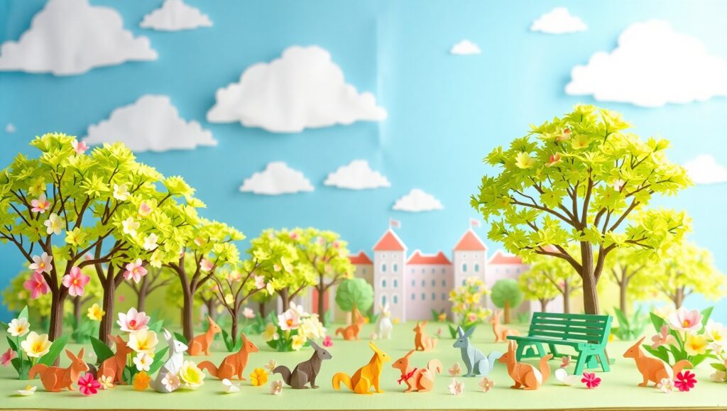 Springtime Park in Origami Style – free AI stock image
