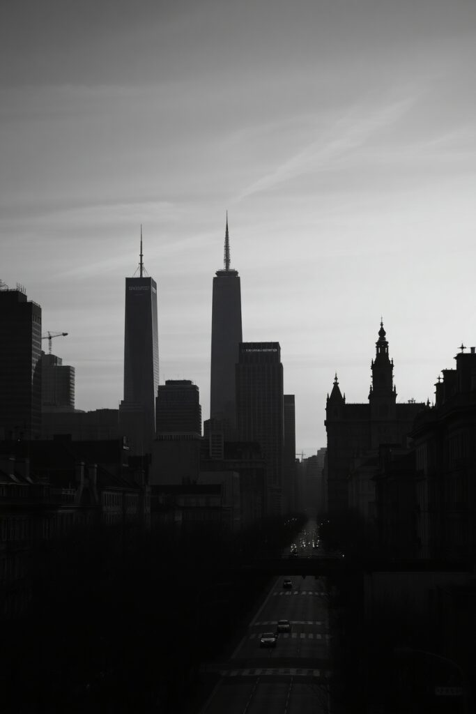 Stark Monochrome Cityscape at Dusk – free AI stock image
