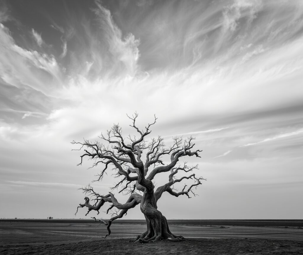 Stark Monochrome Landscape of a Lone Tree – free AI stock image