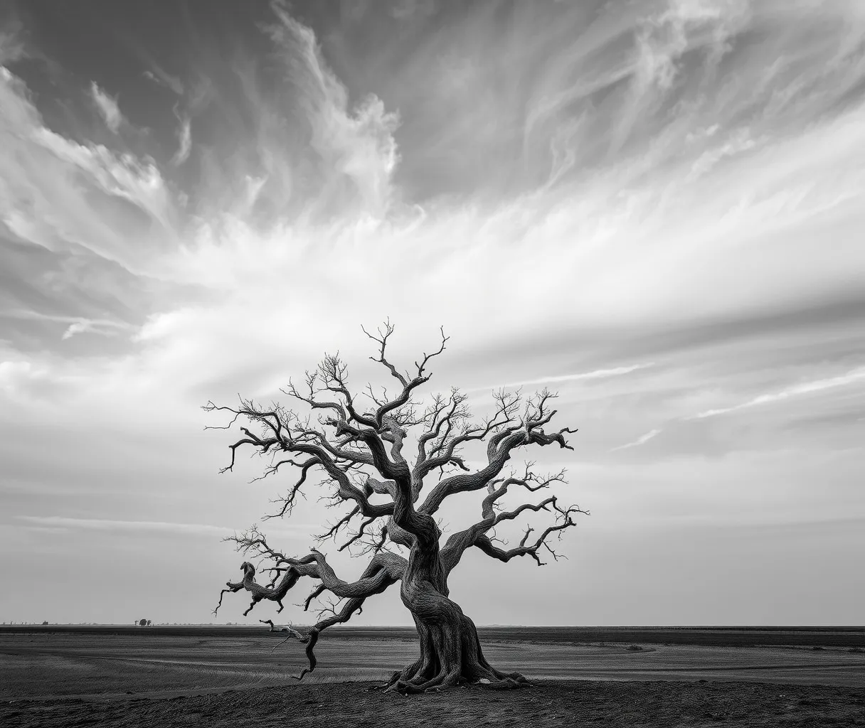Stark Monochrome Landscape of a Lone Tree