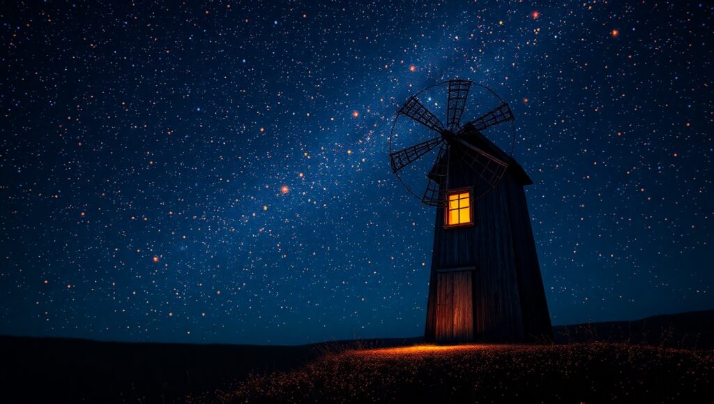 Starry Night Windmill Landscape – free AI stock image