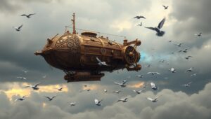 Steampunk Airship in a Cloudy – free AI stock image
