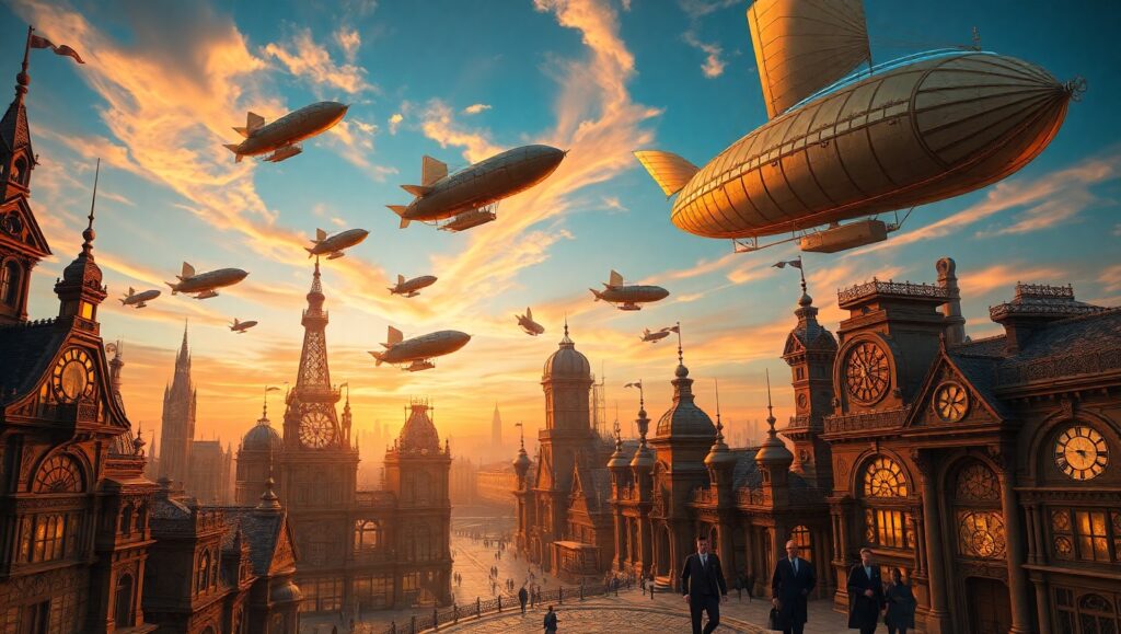 Steampunk City at Dusk – free AI stock image