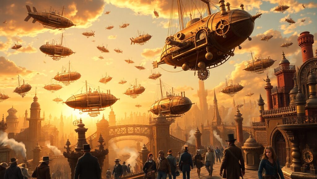 Steampunk Cityscape with Airships – free AI stock image
