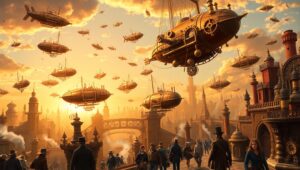 Steampunk Cityscape with Airships – free AI stock image