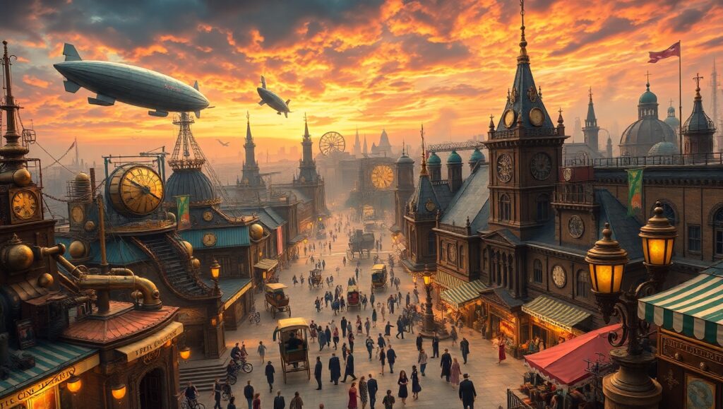 Steampunk Cityscape with Airships – free AI stock image