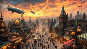 Steampunk Cityscape with Airships – free AI stock image