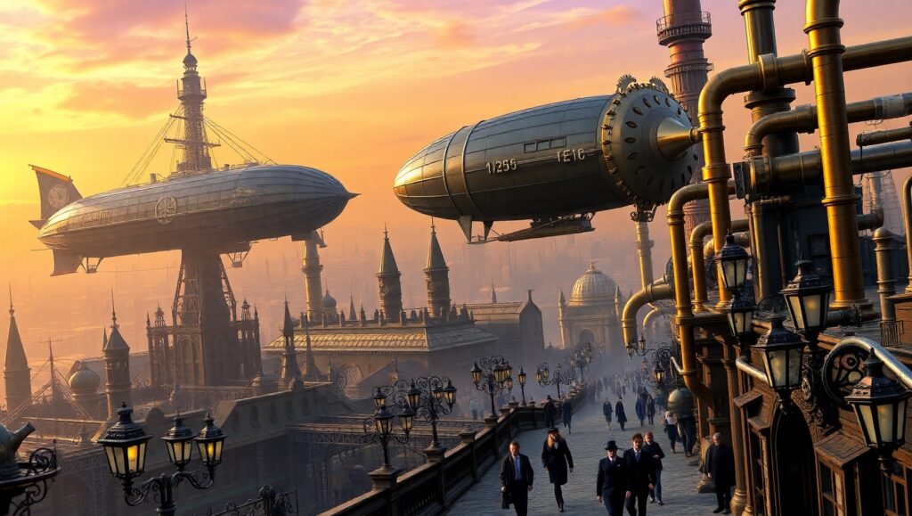 Steampunk Cityscape with Airships nd2 – free AI stock image
